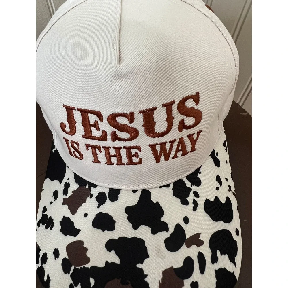 Jesus Is The Way Trucker Hat Cow Print Brim Cream Snapback Baseball Cap